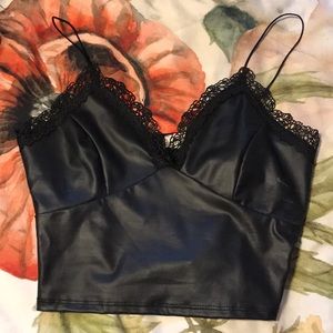 Lace trim faux leather top NWOT